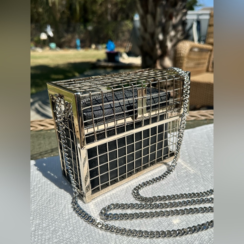 Silver and Black Cage Clutch with Chain